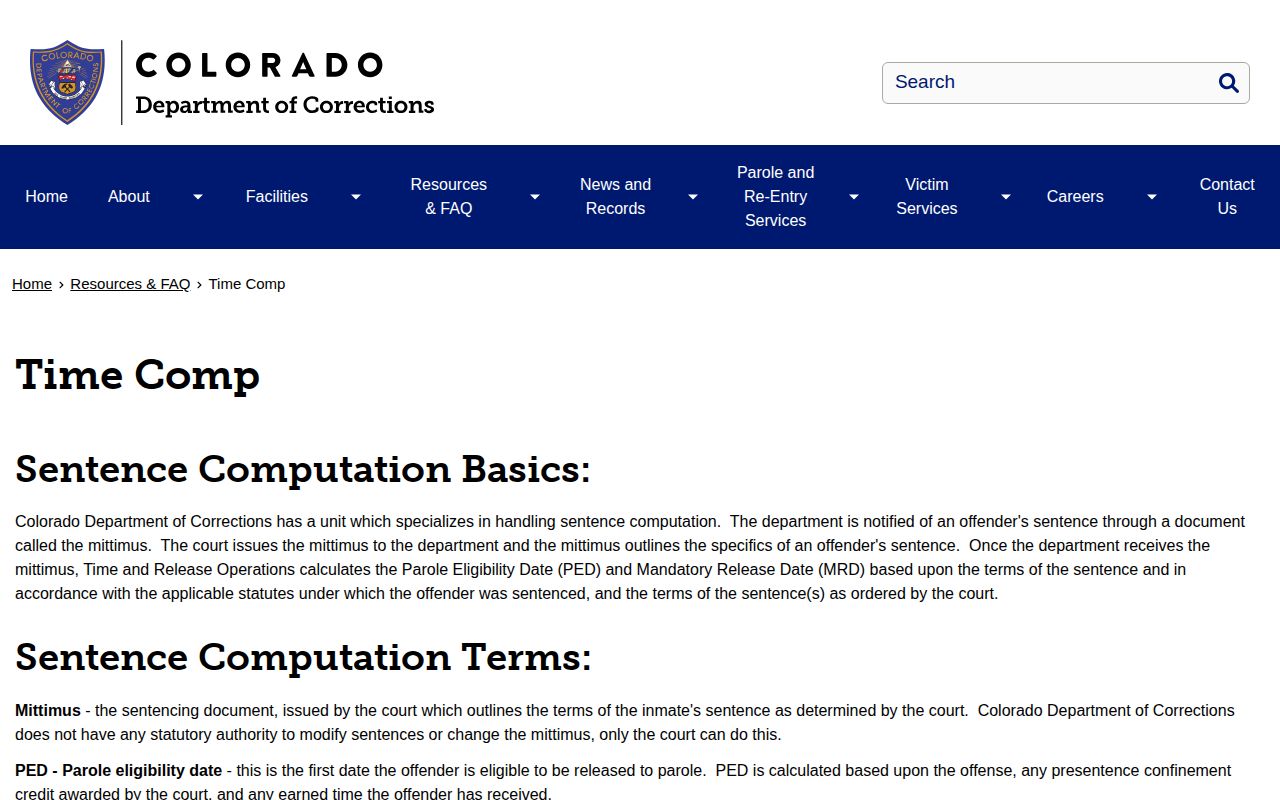 CDOC Time Comp page for Broomfield County release date calculation