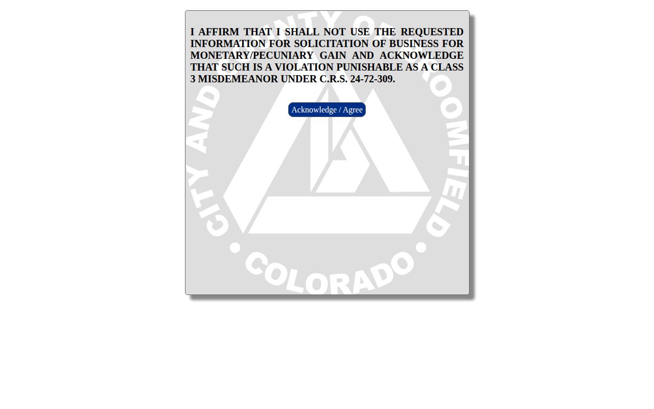 Broomfield County release record active booking acknowledgement page