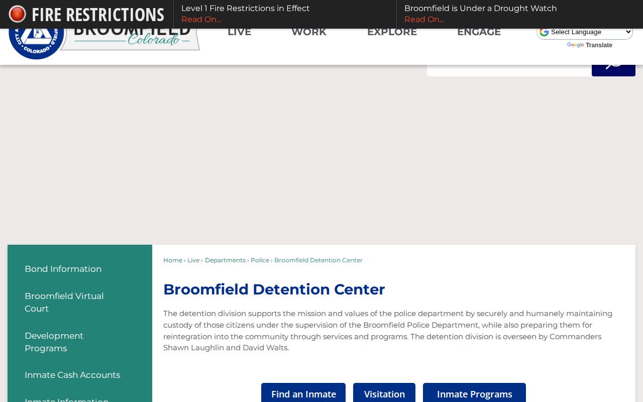 Broomfield Detention Center release records and facility information page
