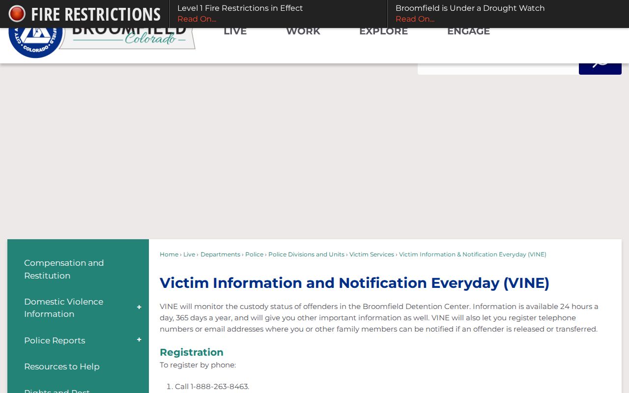 Broomfield County VINE inmate check and release notification instructions