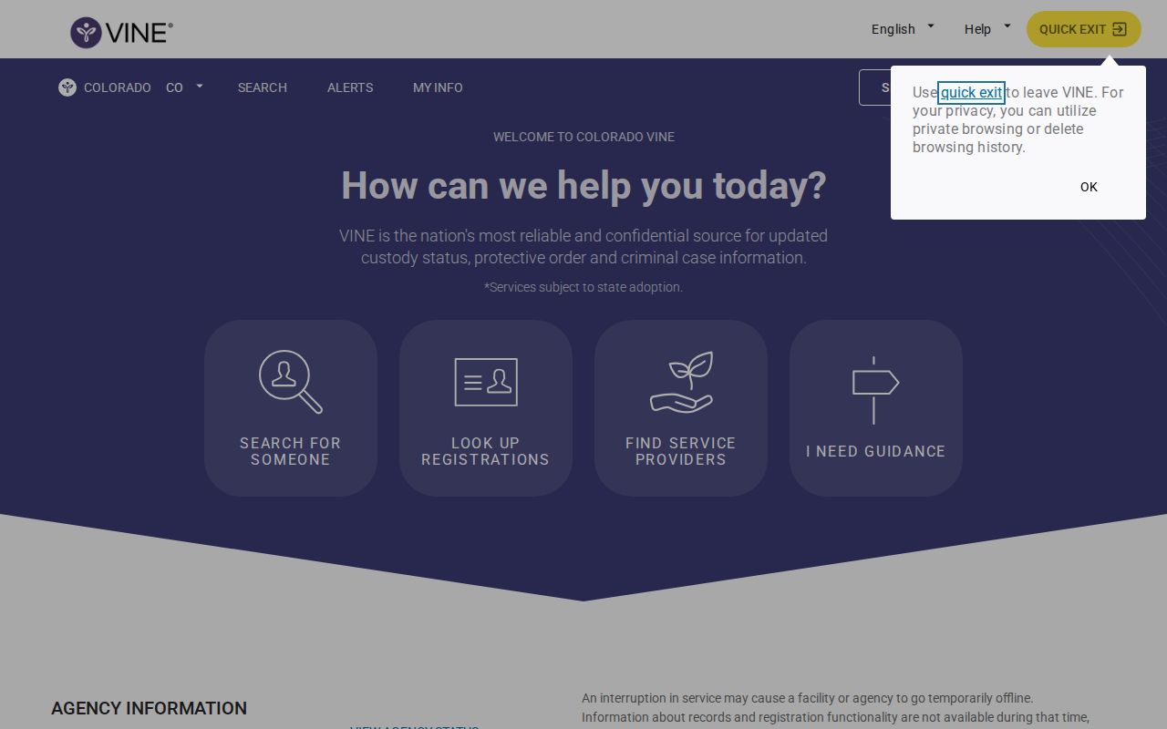 Colorado VINE search interface for Broomfield County inmate check